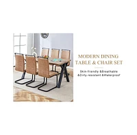 63" Wood Table & 6 Brown Fabric Chairs