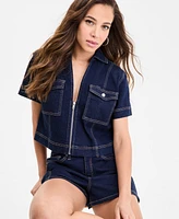 Bar Iii Women's Seamed Denim Zip-Front Top, Exclusively at Macy's