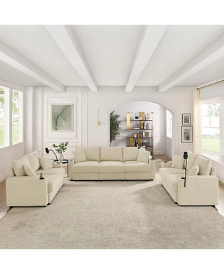 Beige Corduroy 7-Seat Sofa Set with Storage & Cup Holders