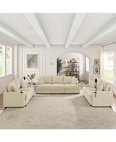 Beige Corduroy 7-Seat Sofa Set with Storage & Cup Holders