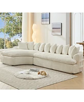127" Large Beige Corduroy Sectional Sofa - Curved Design, High-Resilience Foam