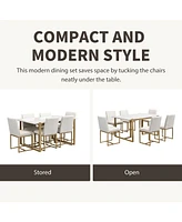 Modern Dining Table Set for 6 Faux Marble Kitchen Table Set with 6 Upholstered Dining Chairs, 7-Piece, White+Golden