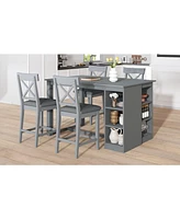Solid Wood Farmhouse Dining Table Set with Storage Shelves and Upholstered Chairs