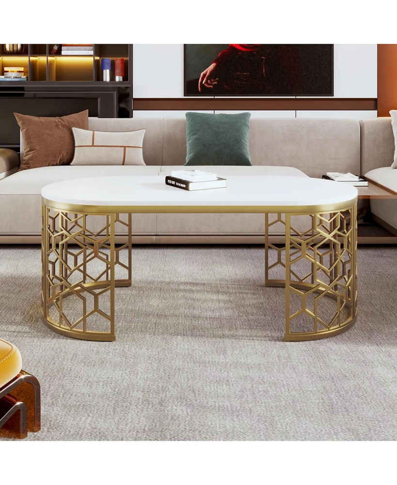 Modern Oval Coffee Table with Cut-Out Pattern Metal Stainless Steel Frame in 47.2"