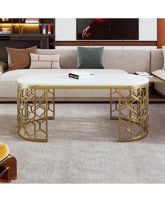 Modern Oval Coffee Table with Cut-Out Pattern Metal Stainless Steel Frame in 47.2"