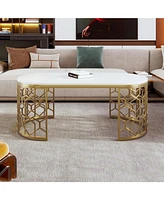 Modern Oval Coffee Table with Cut-Out Pattern Metal Stainless Steel Frame in 47.2"