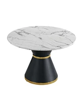 White Marble Print Round Table, Black/Gold Base (No Chairs)