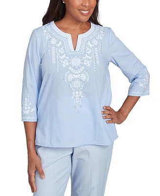 Alfred Dunner Petite Embroidered Split-Neck 3/4-Sleeve Top