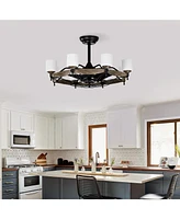Dia 33 inch Chandelier Ceiling Fan for Bedroom Dining Room Living Room Kitchen Farmhouse Entry,Matte Black+ Wood Grain