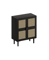 4-Doors Rattan Mesh Storage Cabinet, Sideboard with Eight Storage Spaces, for Entryway, Living Room, Hallway (Black