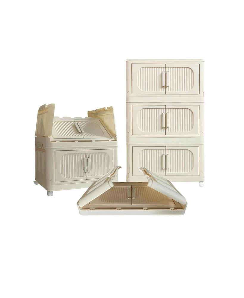 White Folding Storage Cabinet, 3 Tiers, Collapsible Bins, Wheels