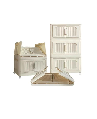 White Folding Storage Cabinet, 3 Tiers, Collapsible Bins, Wheels