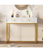 Modern Sleek Console Table Two Drawers with Stripe Design for Living Room and Entryway