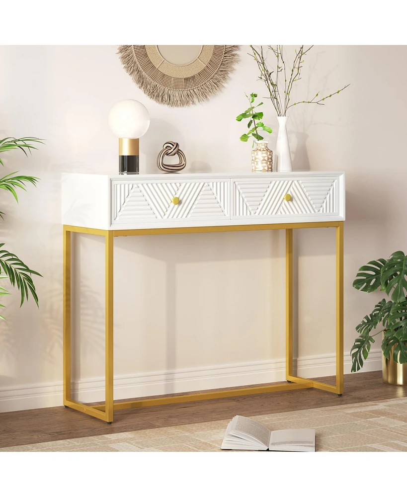 Modern Sleek Console Table Two Drawers with Stripe Design for Living Room and Entryway