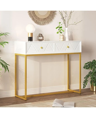 Modern Sleek Console Table Two Drawers with Stripe Design for Living Room and Entryway