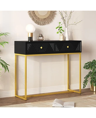 Modern Sleek Console Table Two Drawers with Stripe Design for Living Room and Entryway