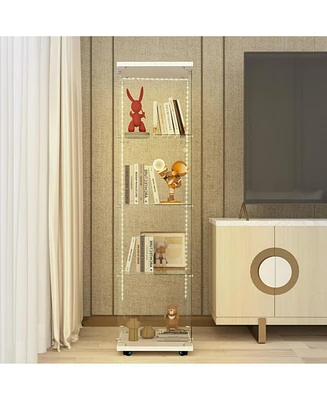 White Tempered Glass Cabinet w/ Led, Lock & Wheels