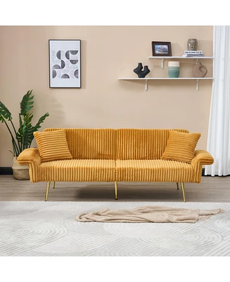 79 inch corduroy sofa bed, foldable double sofa bed with folding armrests, suitable for living rooms and small spaces