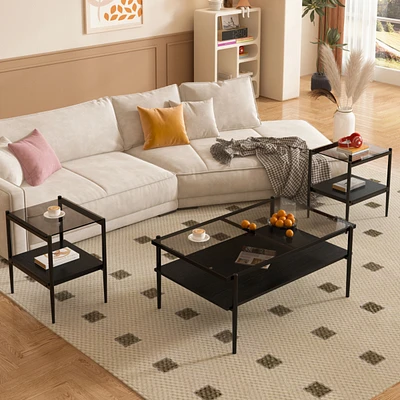 Coffee Table and End tables Set of 3, Tempered Glass Table with Mdf layer, Modern Tables for Living Room