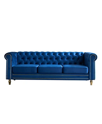 Chesterfield Velvet Sofa 84.65 inch for Living Room Blue Color