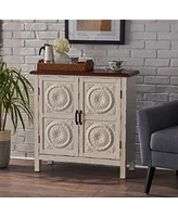 Rustic Distressed White Cabinet With Faux Wood Overlay And Brown Top