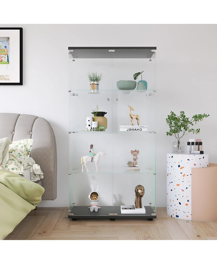 Two-door Glass Display Cabinet 4 Shelves with Door, Floor Standing Curio Bookshelf for Living Room Bedroom Office, 64.7" 31.7" 14.3", B