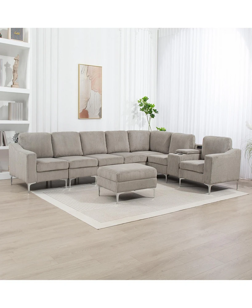 Corduroy Convertible Sectional Sofa with Ottoman, Gray