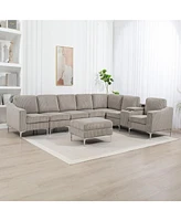 Corduroy Convertible Sectional Sofa with Ottoman, Gray