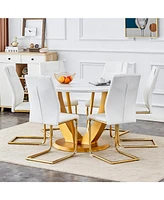 Snow Mountain White Slab Dining Set with 6 Pu Chairs