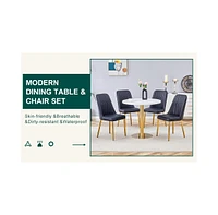 Marble Pattern Round Dining Table and Black Pu Chairs (4)
