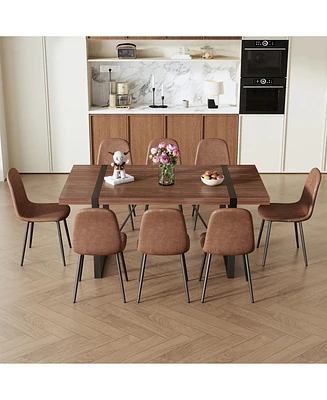 Industrial Walnut Dining Set: 71" Table + 8 Brown Chairs