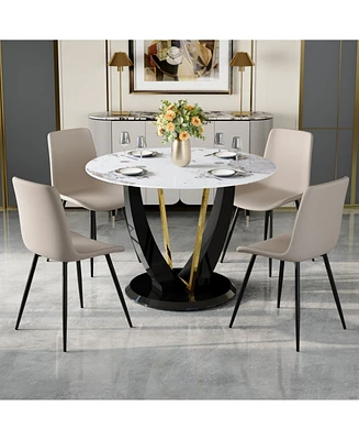 Pandora Marble Dining Set: 42" Glass Table & 4 Pu Chairs