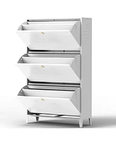 3 Drawer All Steel Shoe Cabinet, Freestanding Shoe Rack Storage Organizer with Flip Door, Modern Tipping Bucket Shoe Cabinet for Entryway, Hallway, Be
