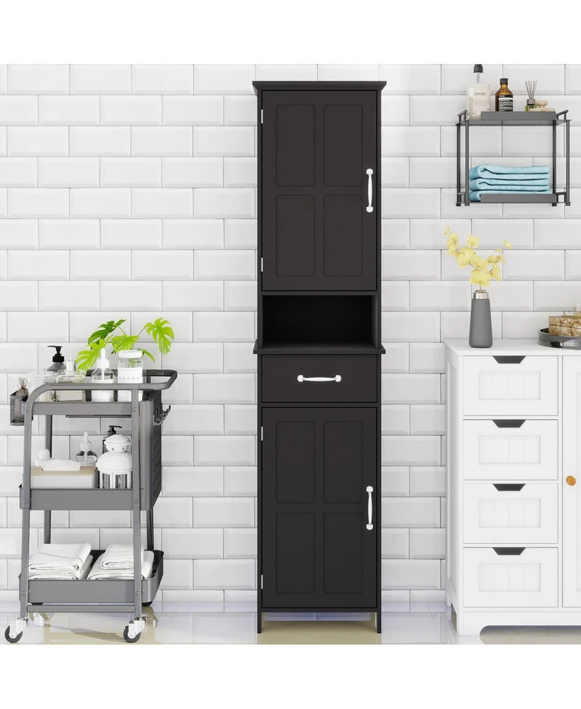 Double Door Narrow Height Slim Floor Standing Cabinet with 2 Adjustable Shelves-Black