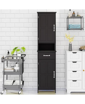 Double Door Narrow Height Slim Floor Standing Cabinet with 2 Adjustable Shelves-Black