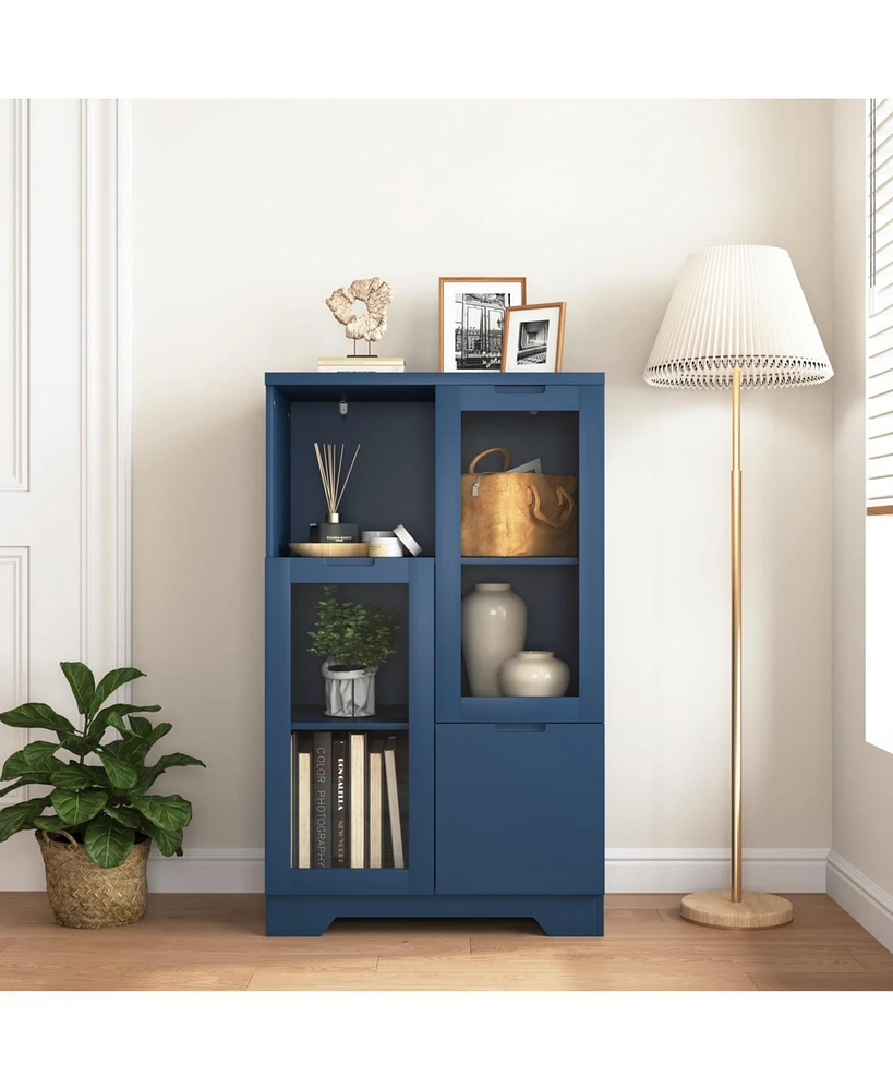 Wooden Floor Cabinet with 2 Glass Doors and 2 Storage Space, Blue Living Room Bathroom Entryway