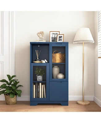 Wooden Floor Cabinet with 2 Glass Doors and 2 Storage Space, Blue Living Room Bathroom Entryway