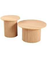 Oak Veneer Coffee Table Set: 2 Round Tables with Metal Base