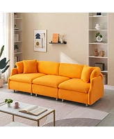 95.3 inches velvet grey two throw pillows, spacious and comfortable 3 seat sofa, suitable for modern living room. orange