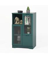 Wooden Floor Cabinet with 2 Glass Doors and 2 Storage Space, Blue Living Room Bathroom Entryway Green