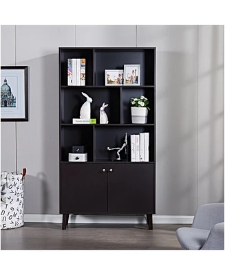 67" Bookcase with Doors, 3-tier Bookshelf, Coffee