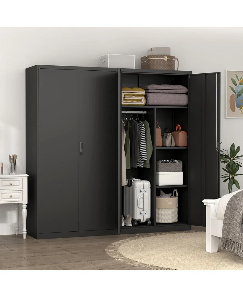 Black Metal Wardrobe Cabinet with Lockable Doors, Adjustable Shelves, and Hanging Rod
