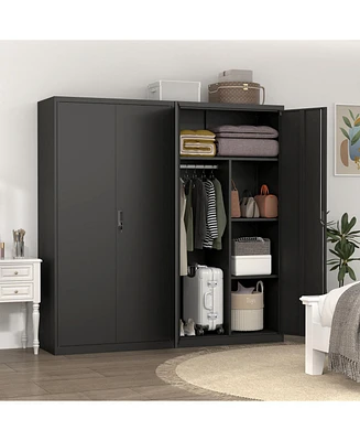 Black Metal Wardrobe Cabinet with Lockable Doors, Adjustable Shelves, and Hanging Rod