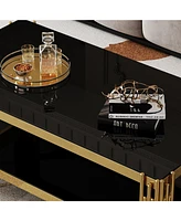 Top and Bottom Double Layer Tempered Glass Coffee Table and Mirror Finished Stainless Steel Frame