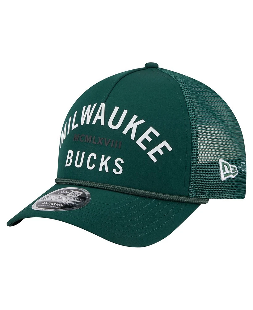 New Era Men's Hunter Green Milwaukee Bucks Minimalist A-Frame 9FORTY Trucker Hat