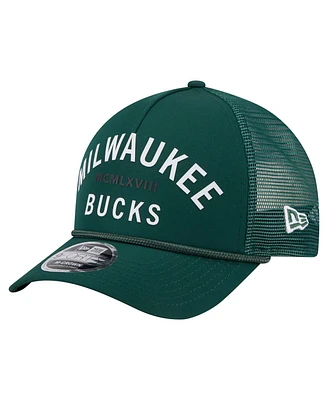 New Era Men's Hunter Green Milwaukee Bucks Minimalist A-Frame 9FORTY Trucker Hat
