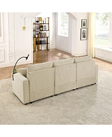 Beige Corduroy Sofa with Storage, Cup & Phone Holders