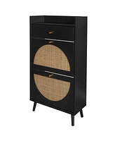Rattan, Allen 2 door 1 drawer cabinet, shoe rack, double layer