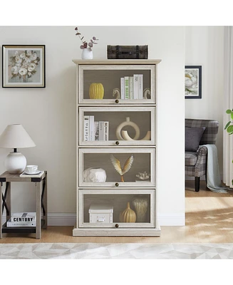 4-Tier Glass Display Cabinet with Flip-up Doors