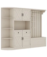 Hall Cabinet w/ Storage & Hooks - Beige